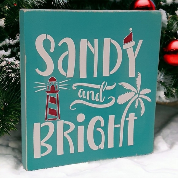 Coastal Christmas Wood Sign 6" Painted Beach Ocean Tiered Tray Shelf Sitter - Picture 2 of 13